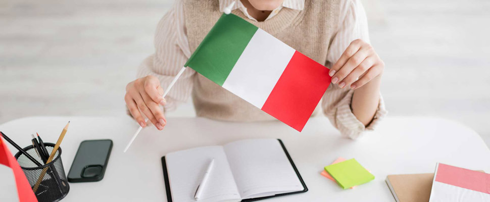 cropped view of smiling language teacher holding Italian flag ne