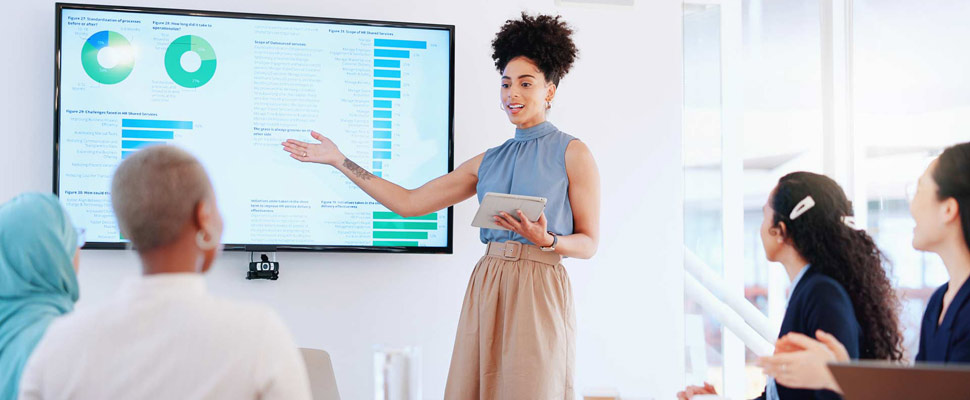 Business woman, seminar success and applause with tablet and scr Business woman, seminar success and applause with tablet and scr